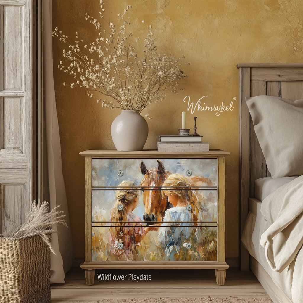 Wooden dresser with horse design on drawers in a bedroom setting