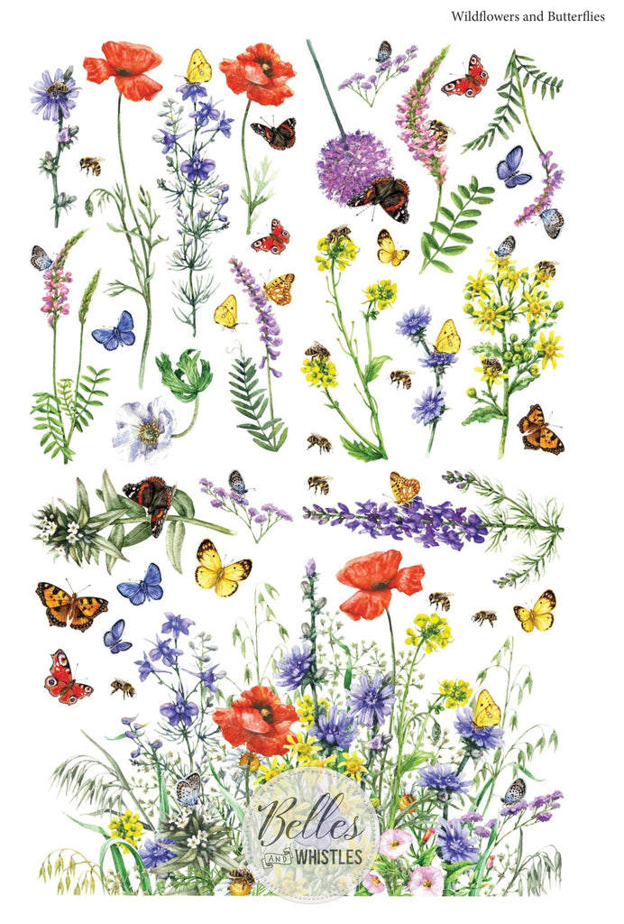 Purple yellow red wildflowers and black orange and yellow butterflies on while background by Belles and Whistles Rub on Transfer Decal