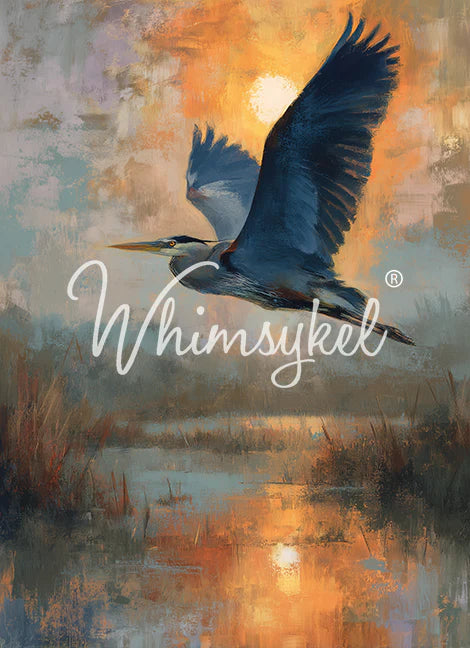 Painting of a heron flying over water with 'Whimsykel' logo