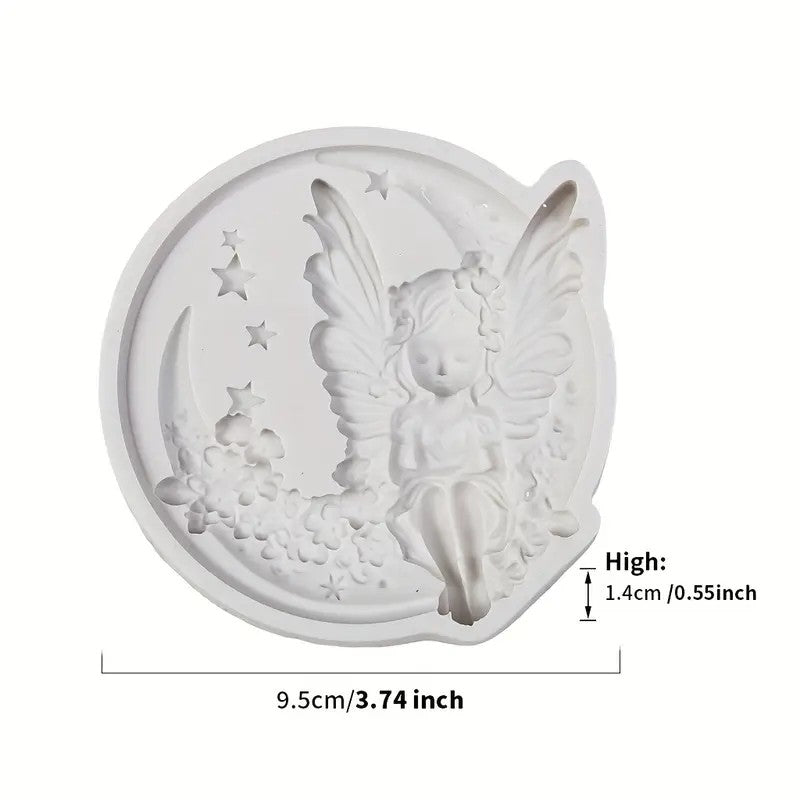 Silicone Craft Accent Mold. Angel sitting on floral moon