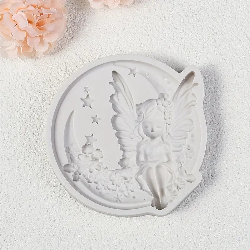 Silicone Craft Accent Mold. Angel sitting on floral moon