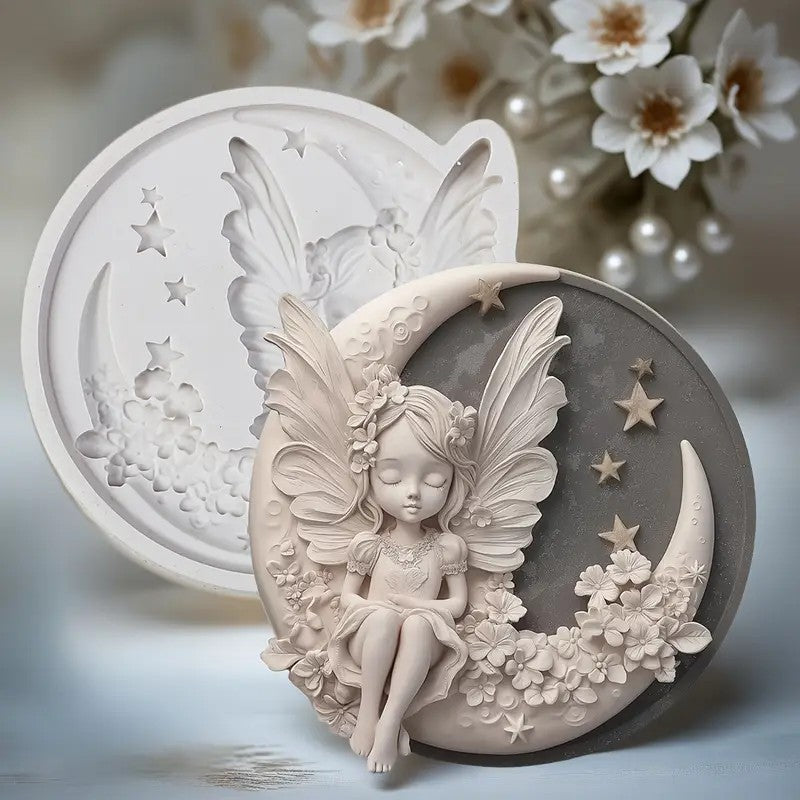 Silicone Craft Accent Mold. Angel sitting on floral moon