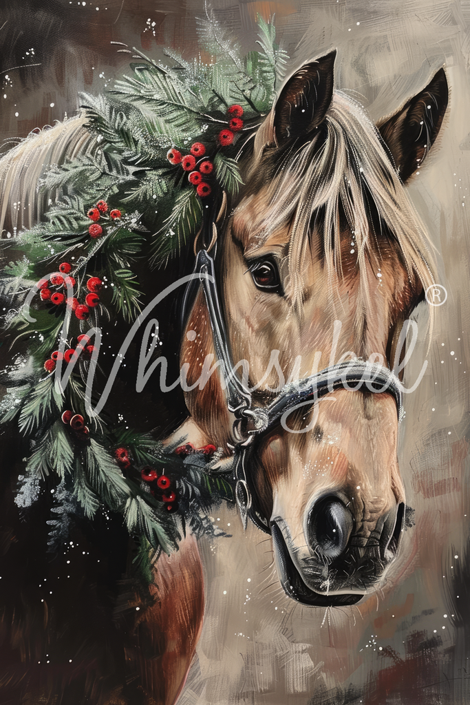 Painting of a horse with a wreath of greenery and red berries on a misty background.
