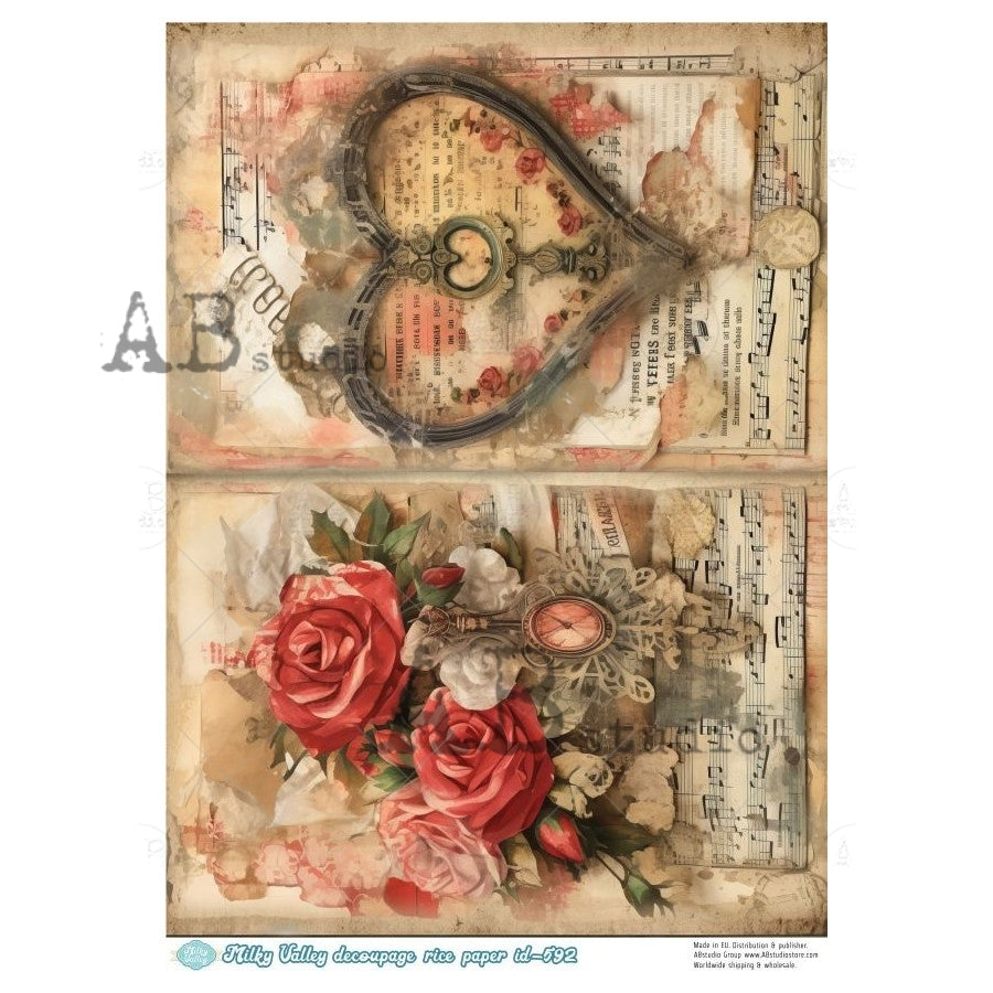 Vintage heart key-hole and red roses on sheet music background AB Studio Rice Papers