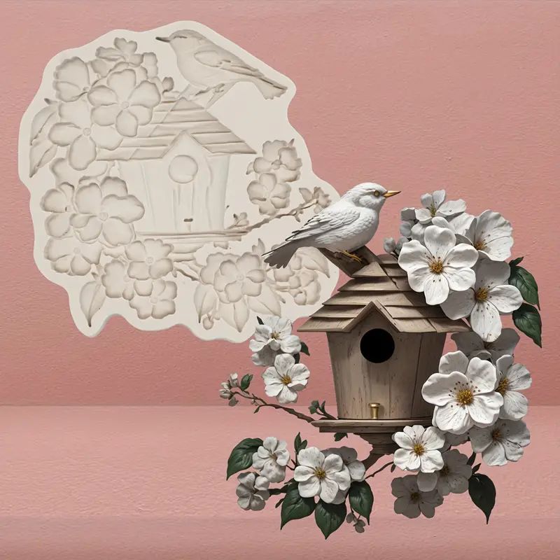 Silicone Craft Accent Mold. Birdhouse with bird and flowers