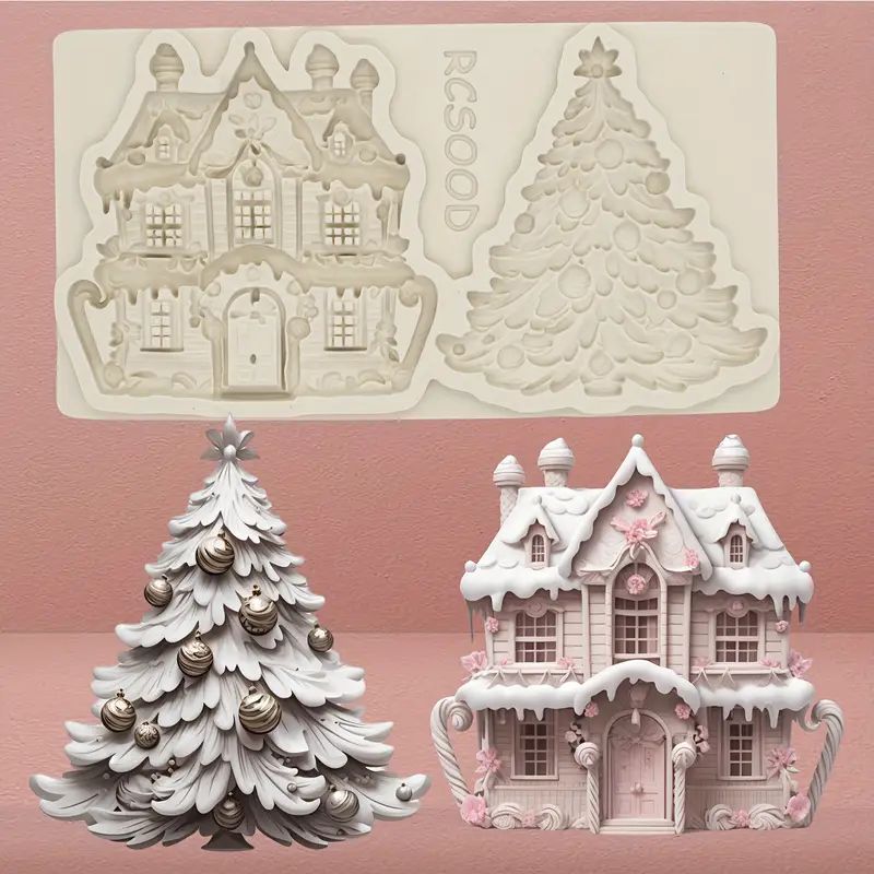 Silicone Craft Accent Mold. Christmas tree with star and ornaments and Gingerbread house with snow