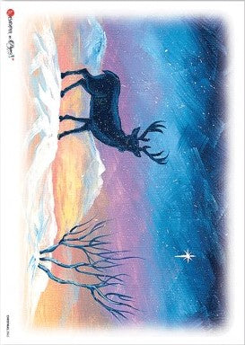 Stag deer in snow with blue sky and Bethlehem star. Beautiful Rice Paper of Exquisite Quality for Decoupage crafts.