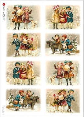8 Images of Victoria children in snow with Christmas tree. Beautiful Rice Paper of Exquisite Quality for Decoupage crafts.
