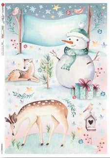 Blue pink and white Snowman and deer in snowy forest. Beautiful Rice Paper of Exquisite Quality for Decoupage crafts.