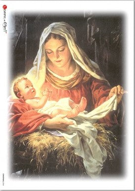 Mother Mary holding baby Jesus in arms. Beautiful Rice Paper of Exquisite Quality for Decoupage crafts.