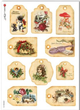 10 Christmas tags. Beige with Red, green Christmas greenery. Beautiful Rice Paper of Exquisite Quality for Decoupage crafts.