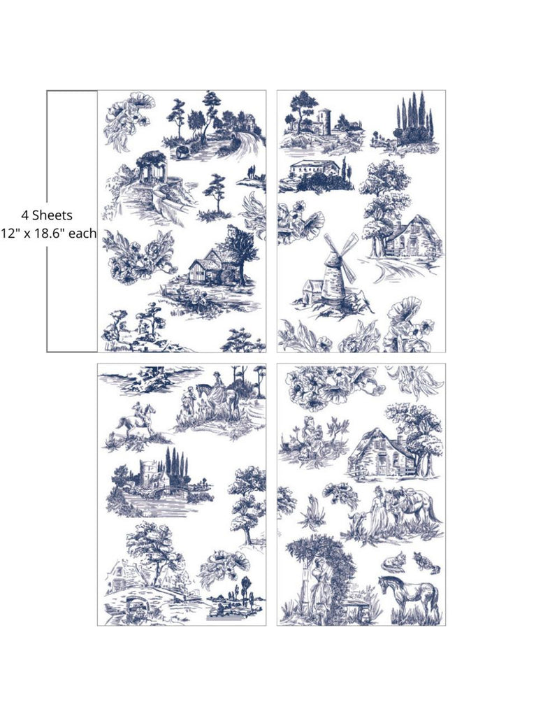 Blue and White vintage cottages windmills trees and horses by Belles and Whistles Rub on Transfer Decal