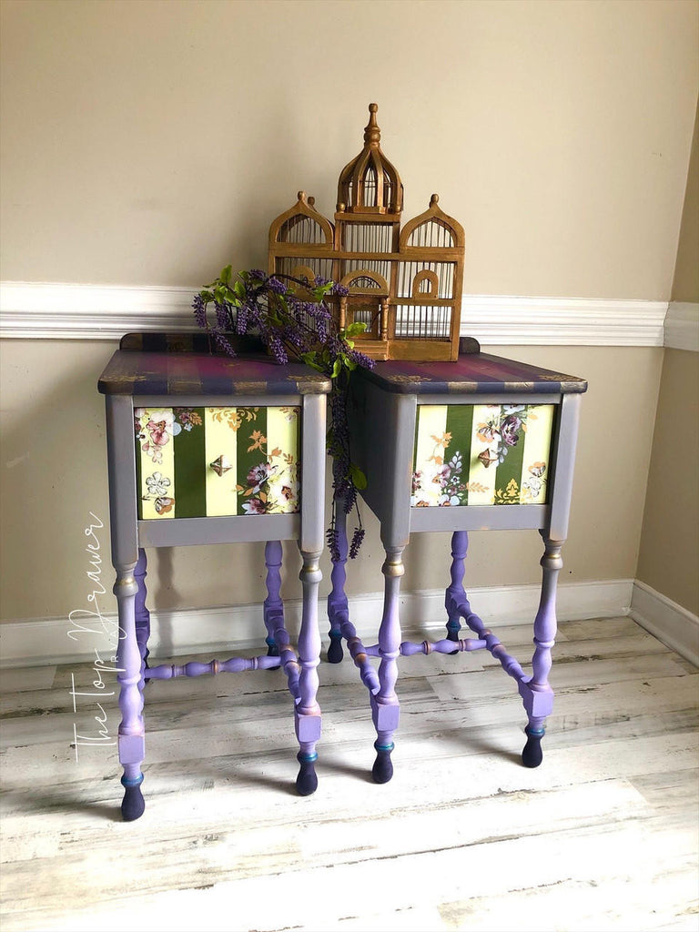 Two lavender side tables coated in Dixie Belle Glaze in the color of Gold Shimmer