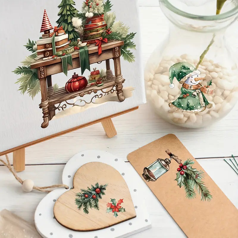 home decor with colorful Christmas themed Rub on transfers with red and green elements