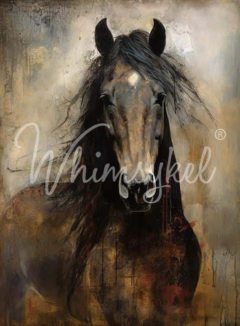 Artistic depiction of a horse with a textured background, featuring the brand 'Whimsykel'.
