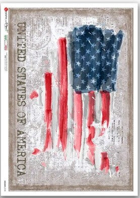 American Flag, red white blue. Beautiful Paper Designs Italy Rice Paper of Exquisite Quality for Decoupage crafts.