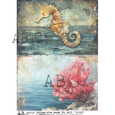 Yellow sea horse and pink coral in the water AB Studio Rice Papers