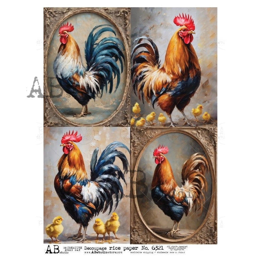 4 orange and blue roosters in frames AB Studio Rice Papers