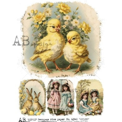 Yellow chicks brown bunnies and Victorian girls dressed for Easter AB Studio Rice Papers