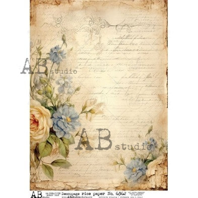 Blue and white flowers framing antique letter AB Studio Rice Papers