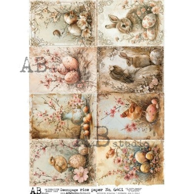 Brown bunnies chicks and eggs with pink flowers AB Studio Rice Papers