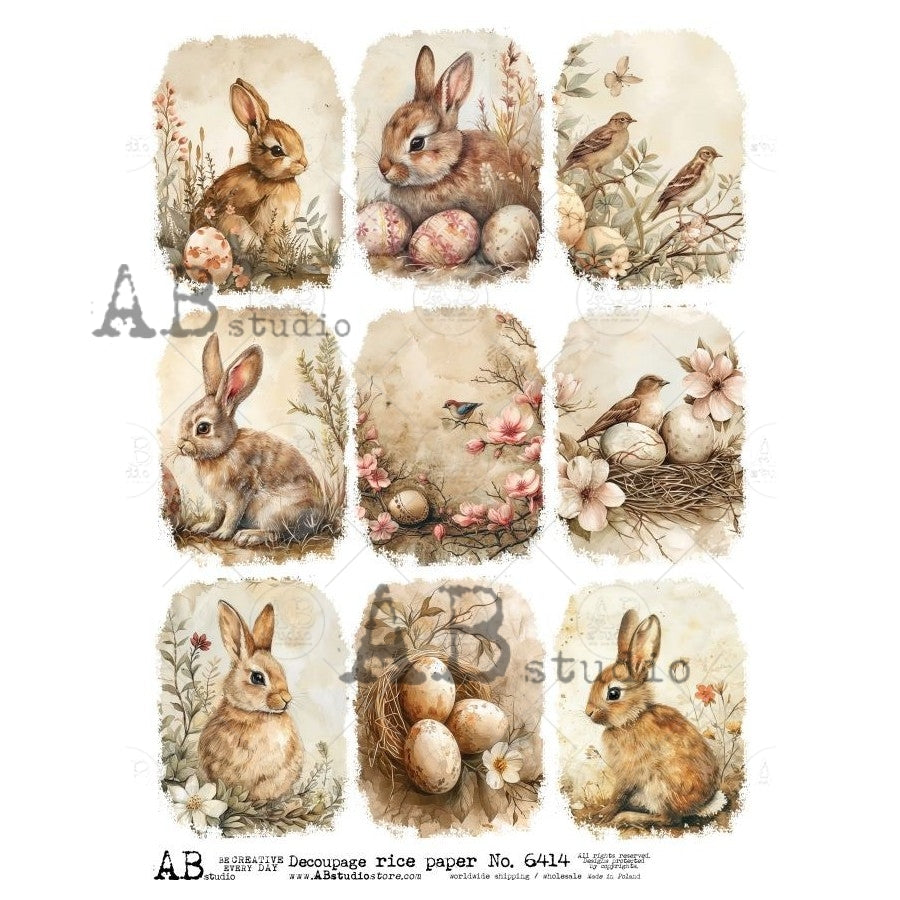 Brown rabbits and birds with eggs and white and pink flowers AB Studio Rice Papers