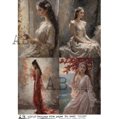 4 Women in white pink and red gowns AB Studio Rice Papers