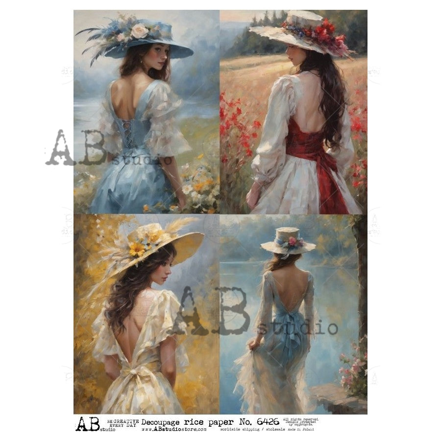 Victorian women in blue white and red dresses and hats in nature AB Studio Rice Papers 