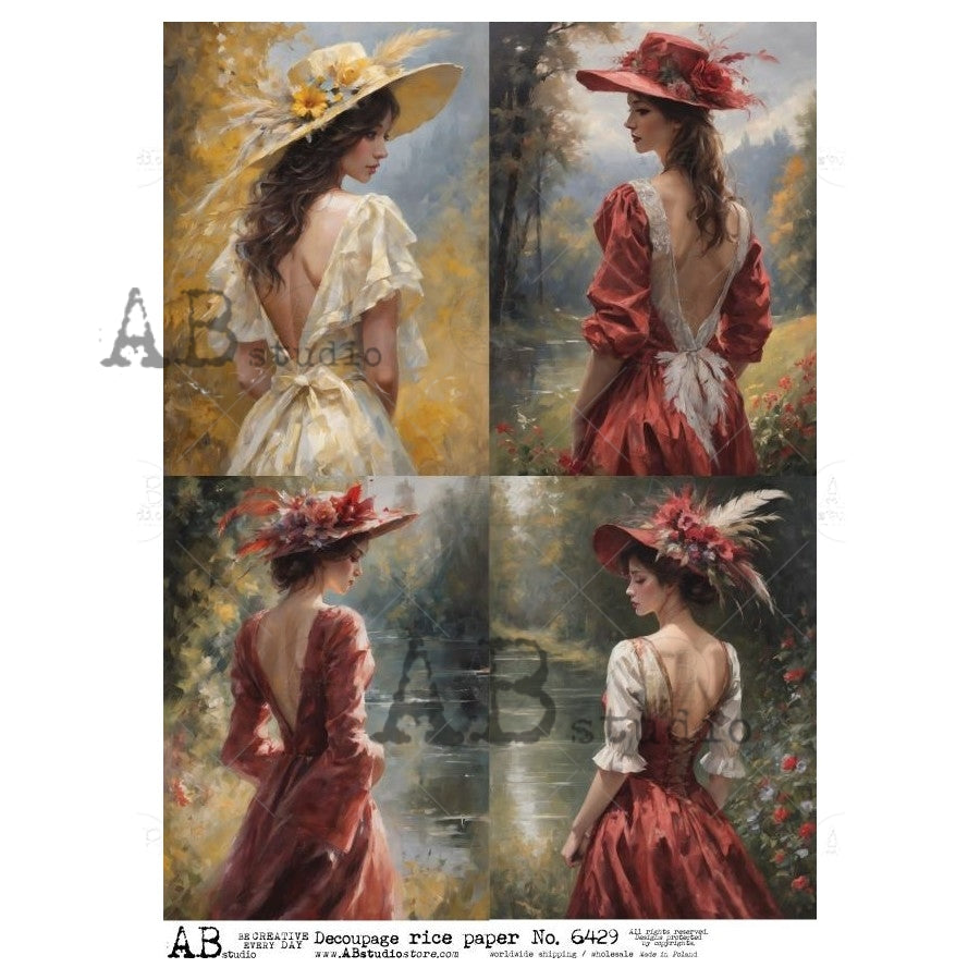 4 Victorian women in red and white dresses with hats AB Studio Rice Papers