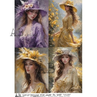 4 Victorian women in yellow and lavender dresses AB Studio Rice Papers