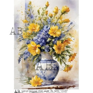 Bouquet of blue and yellow flowers in a white and blue china vase AB Studio Rice Papers