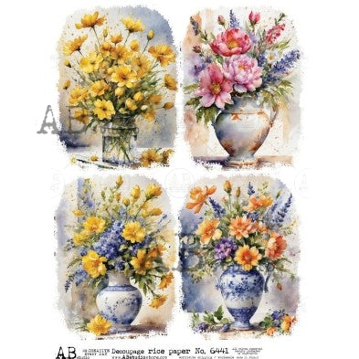 4 vases with blue yellow orange and pink flowers AB Studio Rice Papers