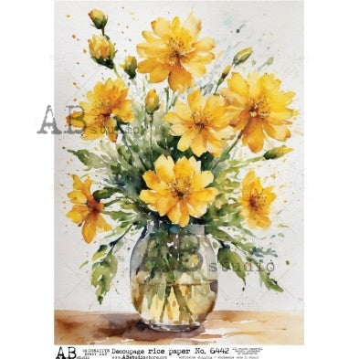 Bouquet of yellow flowers with greenery in a clear glass vase AB Studio Rice Papers