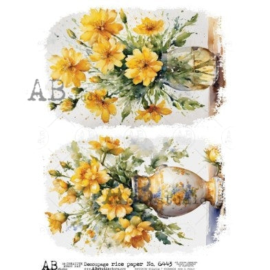 Duo of yellow bouquets in glass vases AB Studio Rice Papers