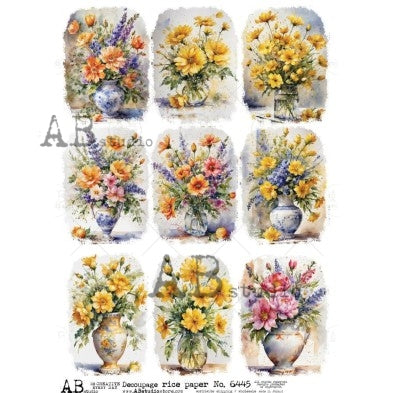 9 bouquets of multi-colored flowers in varied vases AB Studio Rice Papers