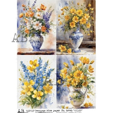 Bouquets of blue white and yellow flowers in white and blue vases AB Studio Rice Papers