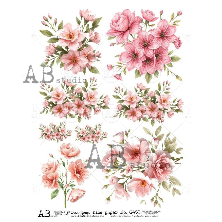 Pink bunches of flowers with green leaves on white background AB Studio Rice Papers