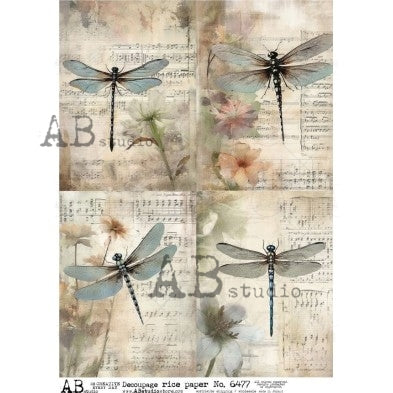 4 dark dragonflies on sheet music background with flowers AB Studio Rice Papers