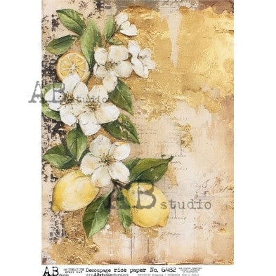 Yellow lemons and white lemon blossoms with green leaves on textured background AB Studio Rice Papers