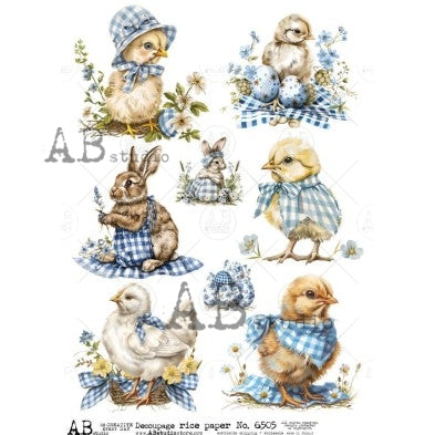 Fluffy chick and bunny in blue and white gingham AB Studio Rice Papers