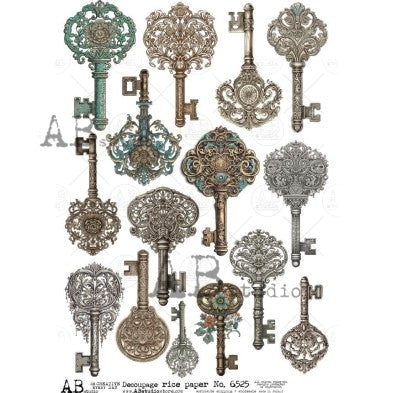 Bronze and silver ornate keys on white background AB Studio Rice Papers