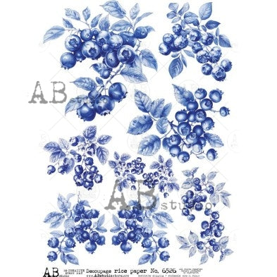 Bunches of blueberries and blue leaves on white background AB Studio Rice Papers