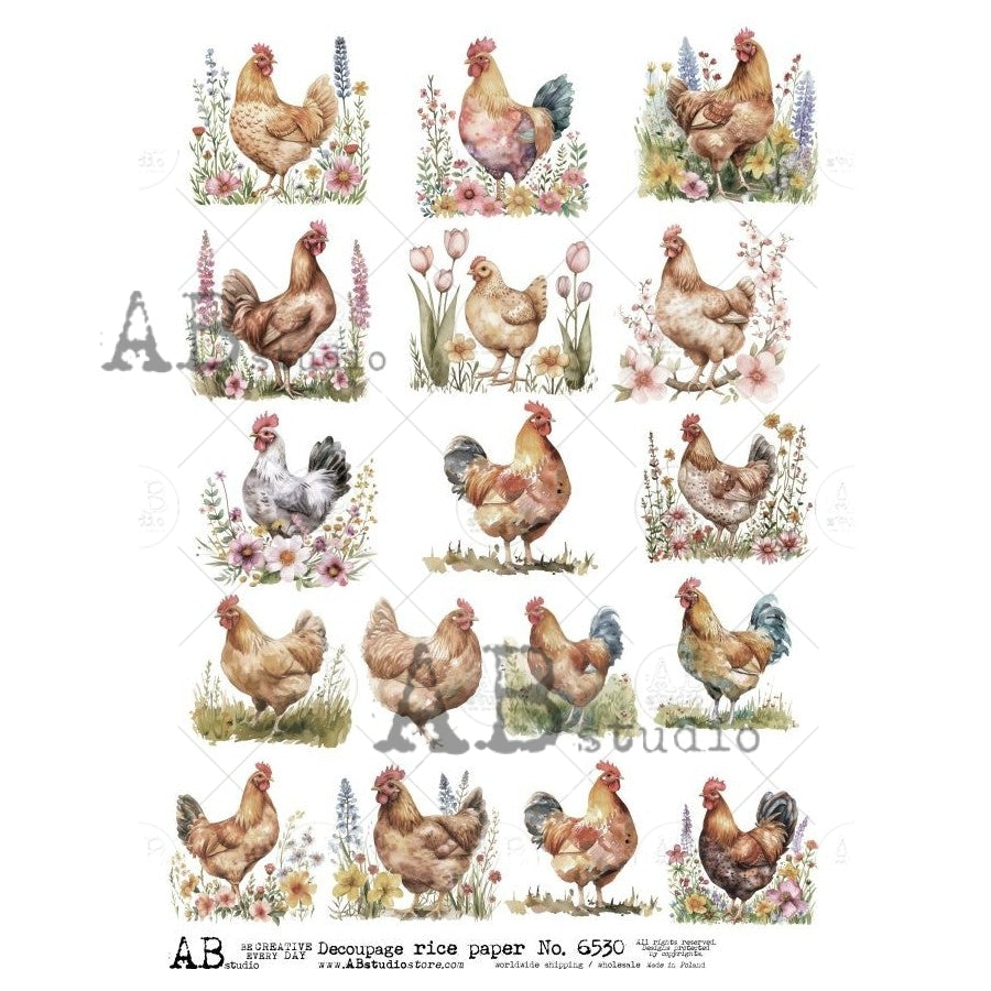 Brown white and black chickens with multi-colored flowers AB Studio Rice Papers