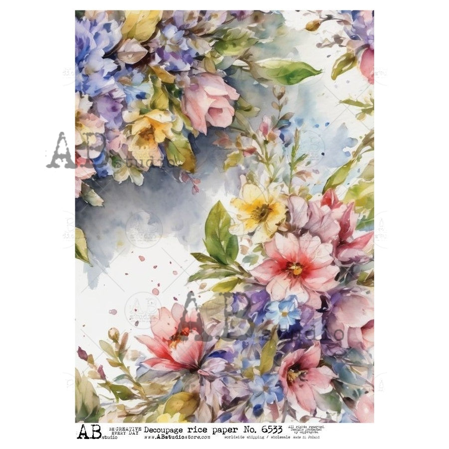 Pink purple yellow and blue water color flowers AB Studio Rice Papers