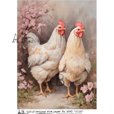 2 cream colored hens standing with pink flowers AB Studio Rice Papers