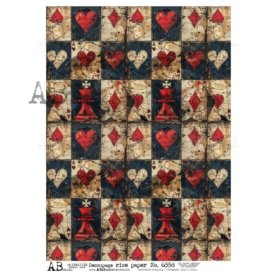 Red black and white heart and diamond playing cards AB Studio Rice Papers