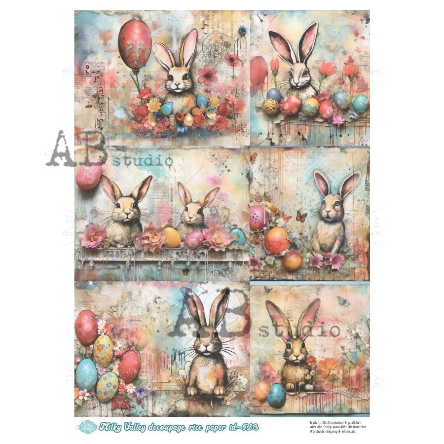 Brown bunnies with multi-colored easter eggs and flowers AB Studio Rice Papers