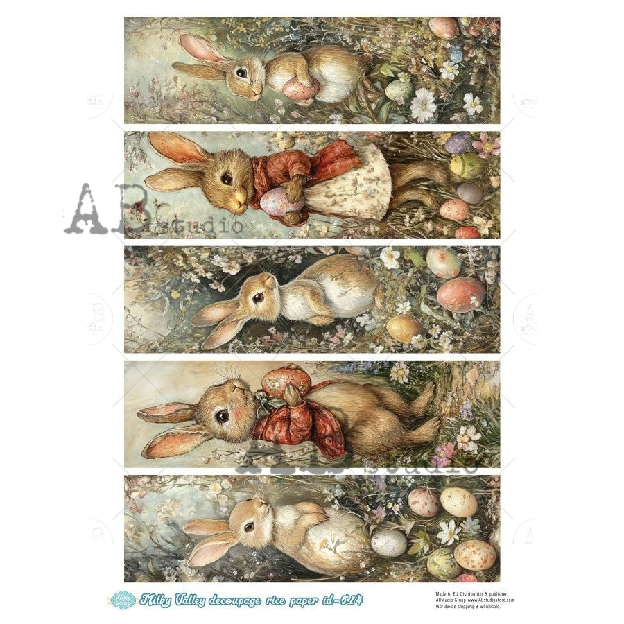 5 brown rabbits among wild flowers and easter eggs AB Studio Rice Papers