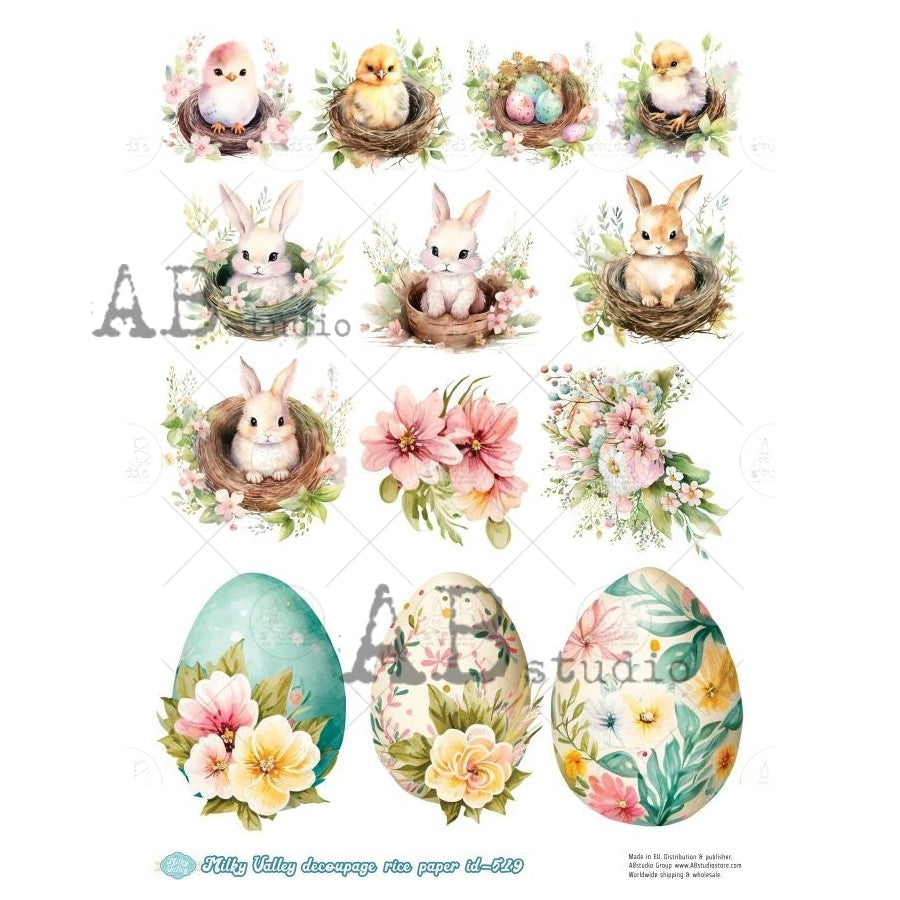 Baby bunnies and chicks in nests with blue white and yellow easter eggs AB Studio Rice Papers