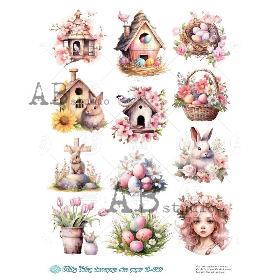 Pink eggs and flowers with basket birdhouse and bunnies AB Studio Rice Papers